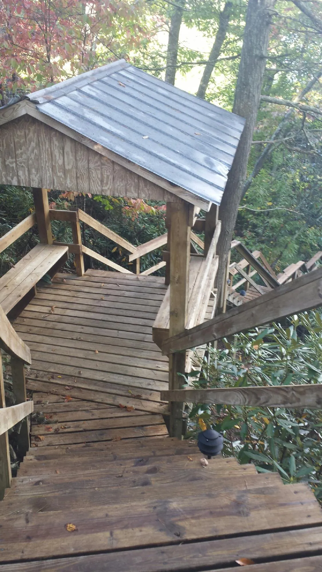 Metal roofed shelter over wooden steps on a wooded walkway — Skylight Repair & Installation work by our crew in Ruffin